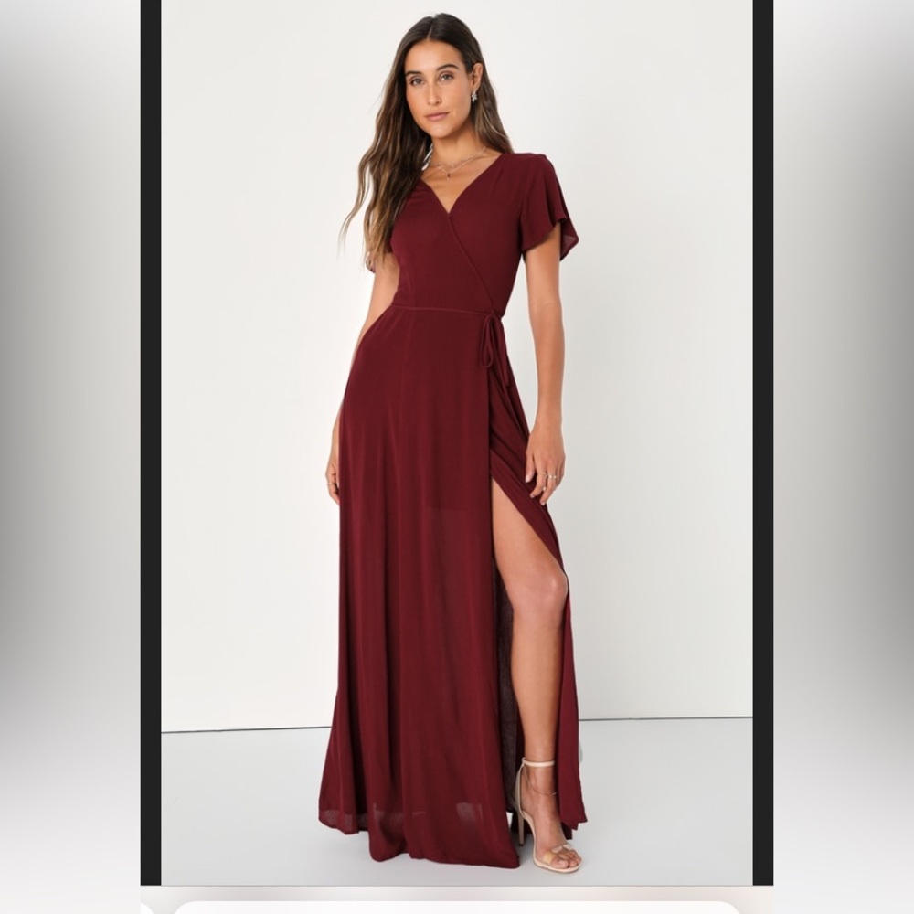 Lulu's Burgundy Crossover Flutter Sleeve Maxi